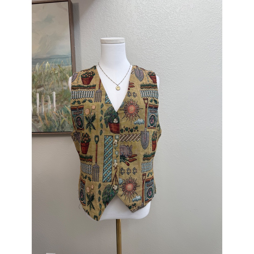Vintage 90s Garden Tapestry Vest Made in USA - Picture 2 of 7